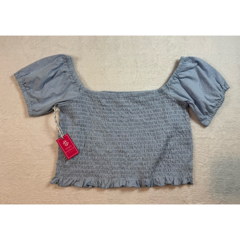 NWT Simply Southern Smocked Puff Sleeve‎ Crop Top Baby Doll Blue XL Cottagecore
